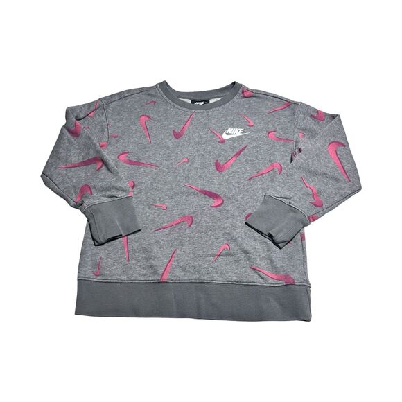 NIKE Women Small All Over Pink Swoosh Graphic Crewneck Pullover Grey - Picture 1 of 5